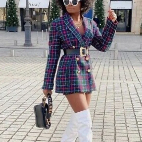 ZARA Tweed Plaid Double Breasted Blazer Green Red Gold Buttons - Picture 4 of 14